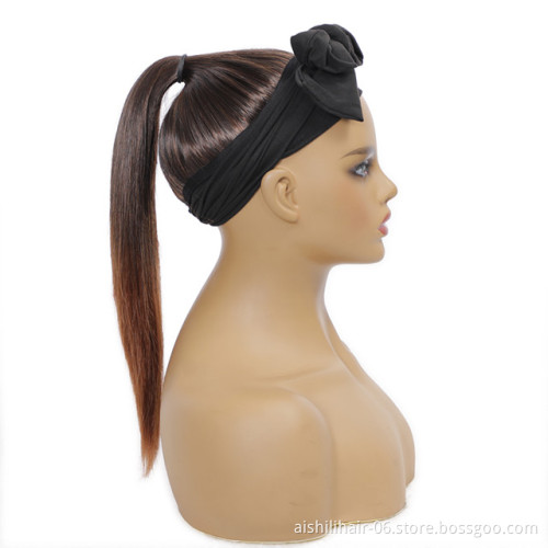 wholeasale cheap headband strap long straight ponytail hair weft with headband synthetic hair weft for black women